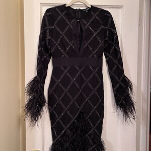 Long Sleeve Black Feather-Trim Cocktail Dress